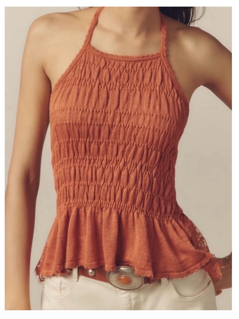 NWT ANTHROPOLOGIE Smocked Linen Lace-Trim Halter Tank Top in Burnt Orange